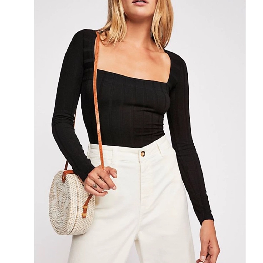Free People Small Beside Me Ribbed Long Sleeve Thong Bodysuit Black Square Neck - Picture 3 of 11